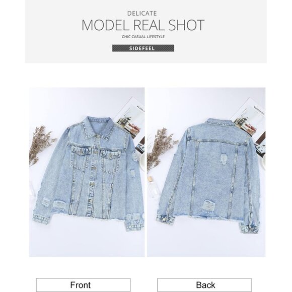 Women's Denim Jacket Long Sleeve Distressed Casual Ripped Blue Large - Picture 7 of 8